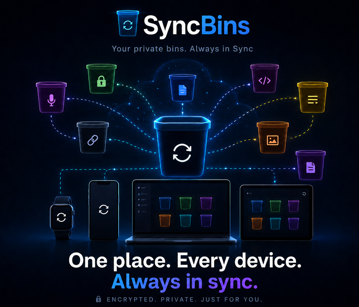 SyncBins — colorful bins syncing across your phone, laptop, watch, and tablet